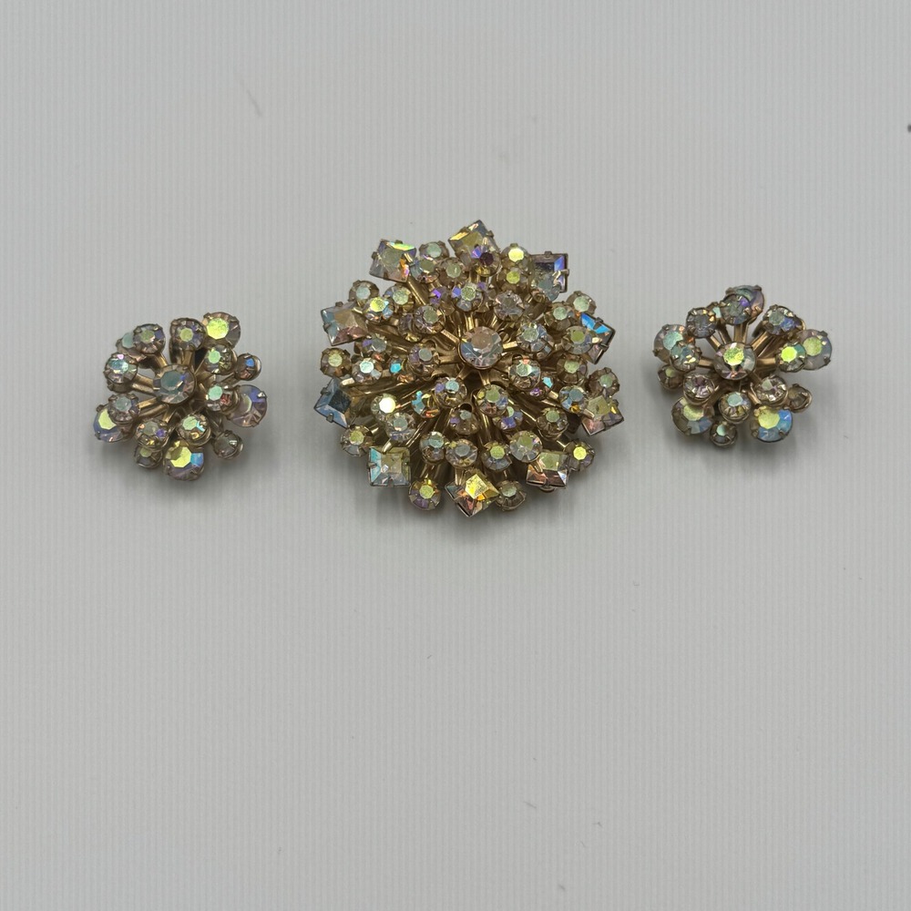 Vintage Aurora Borealis Rhinestone Brooch and Clip On Earrings Set Gold Tone